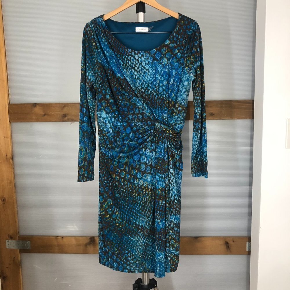 CALVIN KLEIN Blue Brown Yellow Animal Print Front Ruche Long‎ Sleeve Dress Sz 14